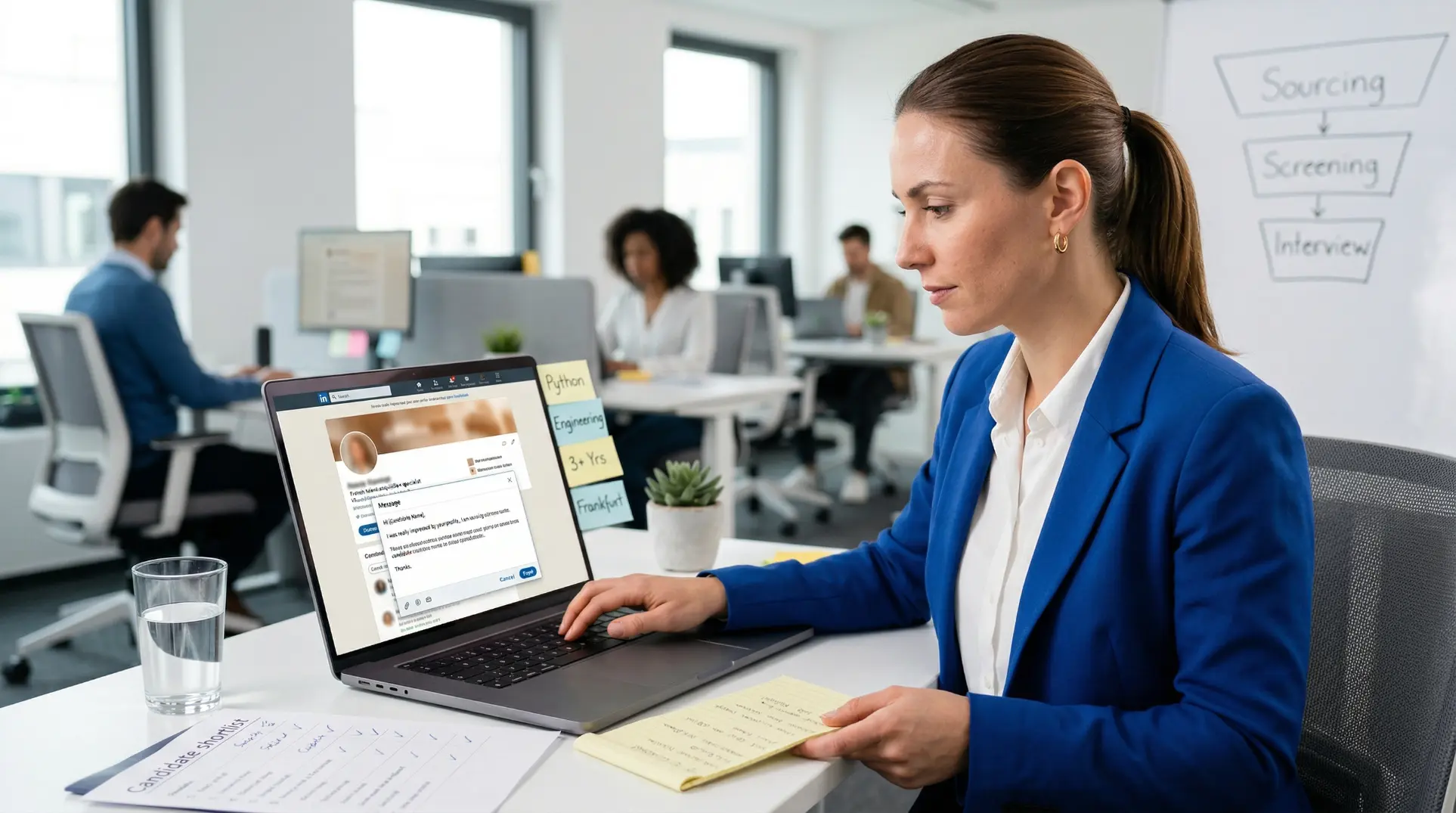 Responsable RH envoyant un message personnalise sur LinkedIn a un profil qualifie dans un espace de travail moderne