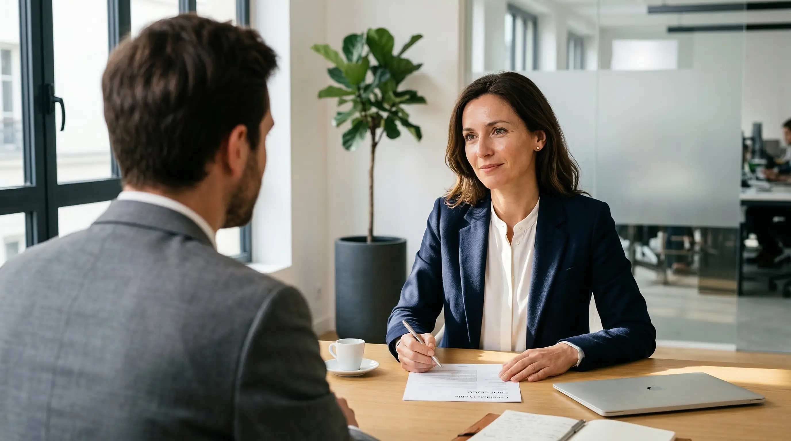 Entretien de recrutement sur mesure dans un cabinet specialise : la recruteuse analyse le profil du candidat lors d'un echange personnalise
