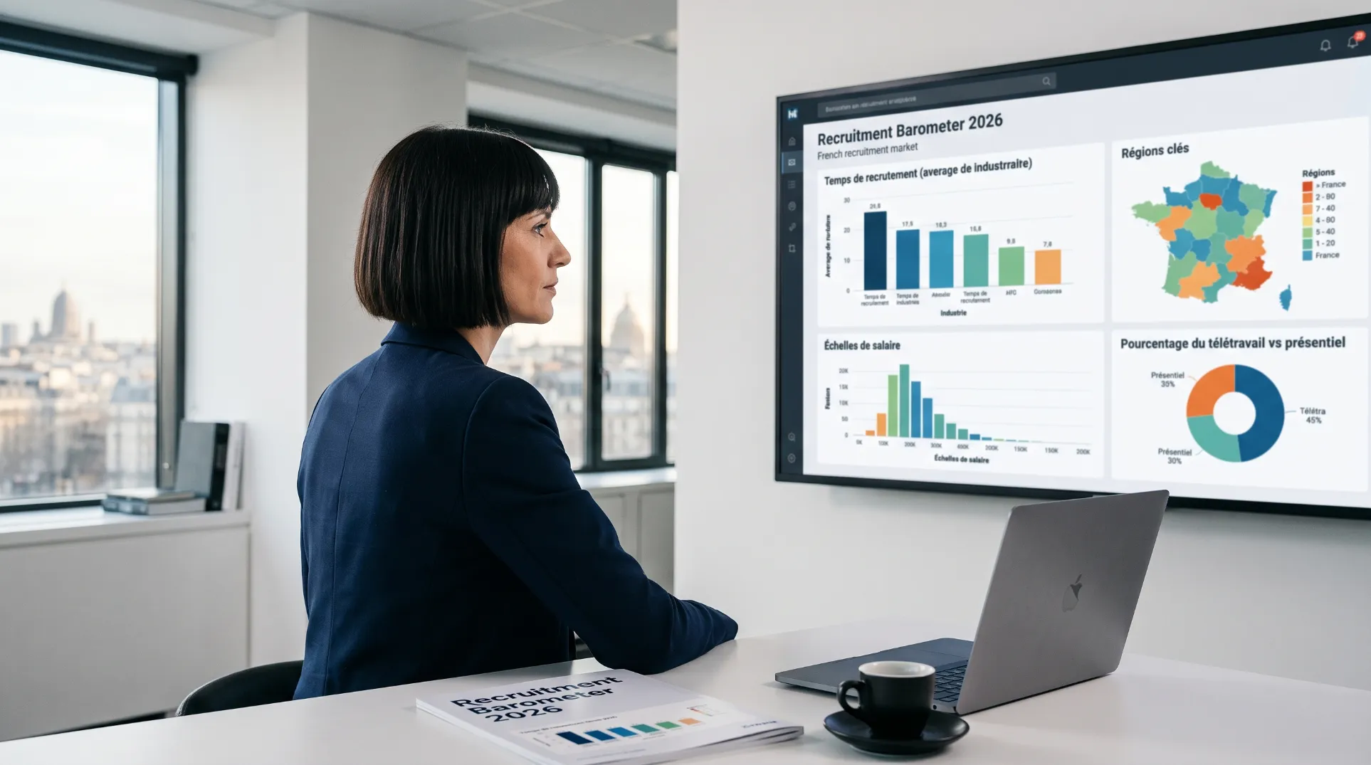 Equipe de recrutement tech analysant un tableau de bord avec des statistiques de marche en France