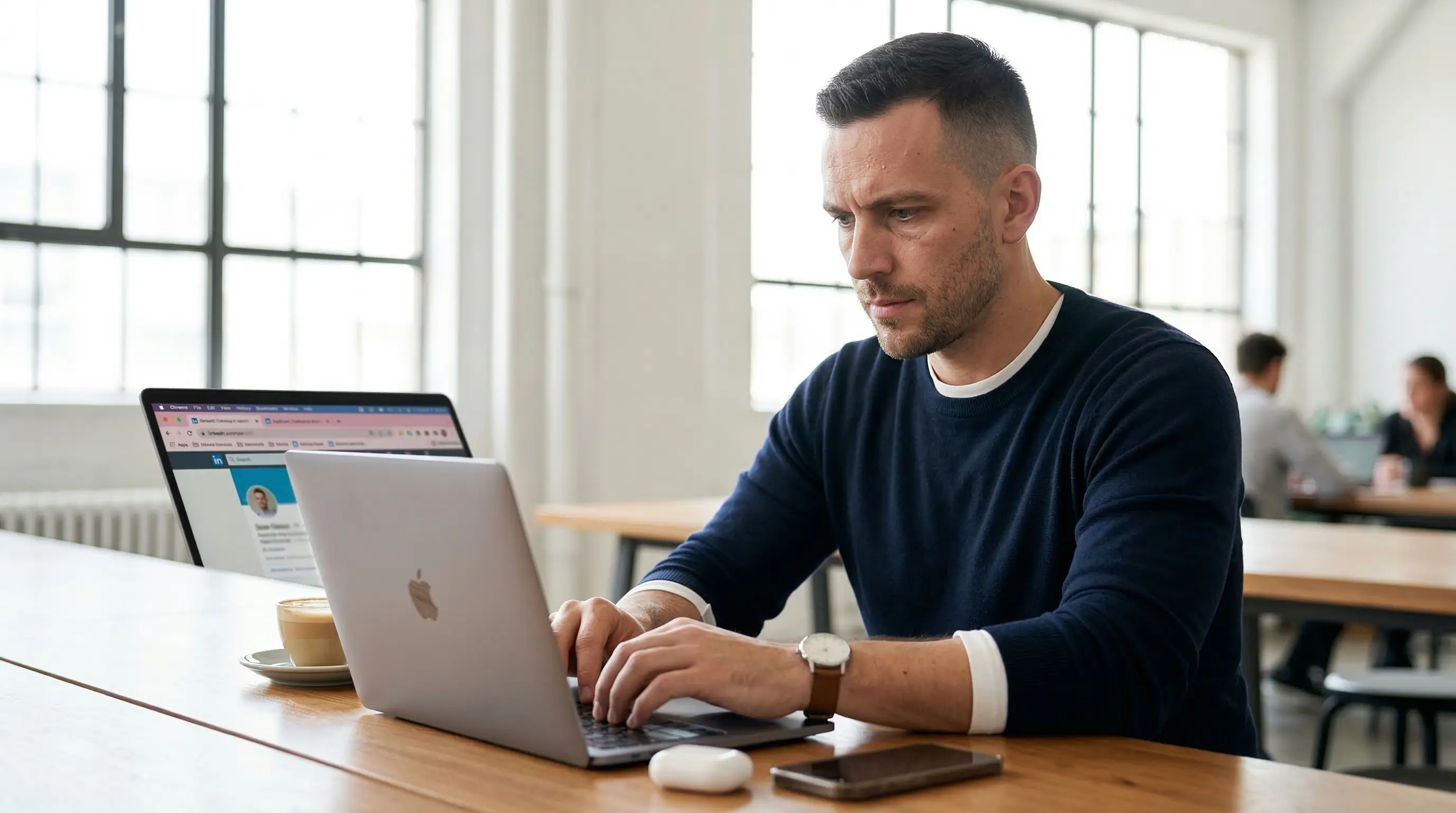 Recruteur proactif travaillant sur le sourcing de candidats dans un espace de coworking moderne