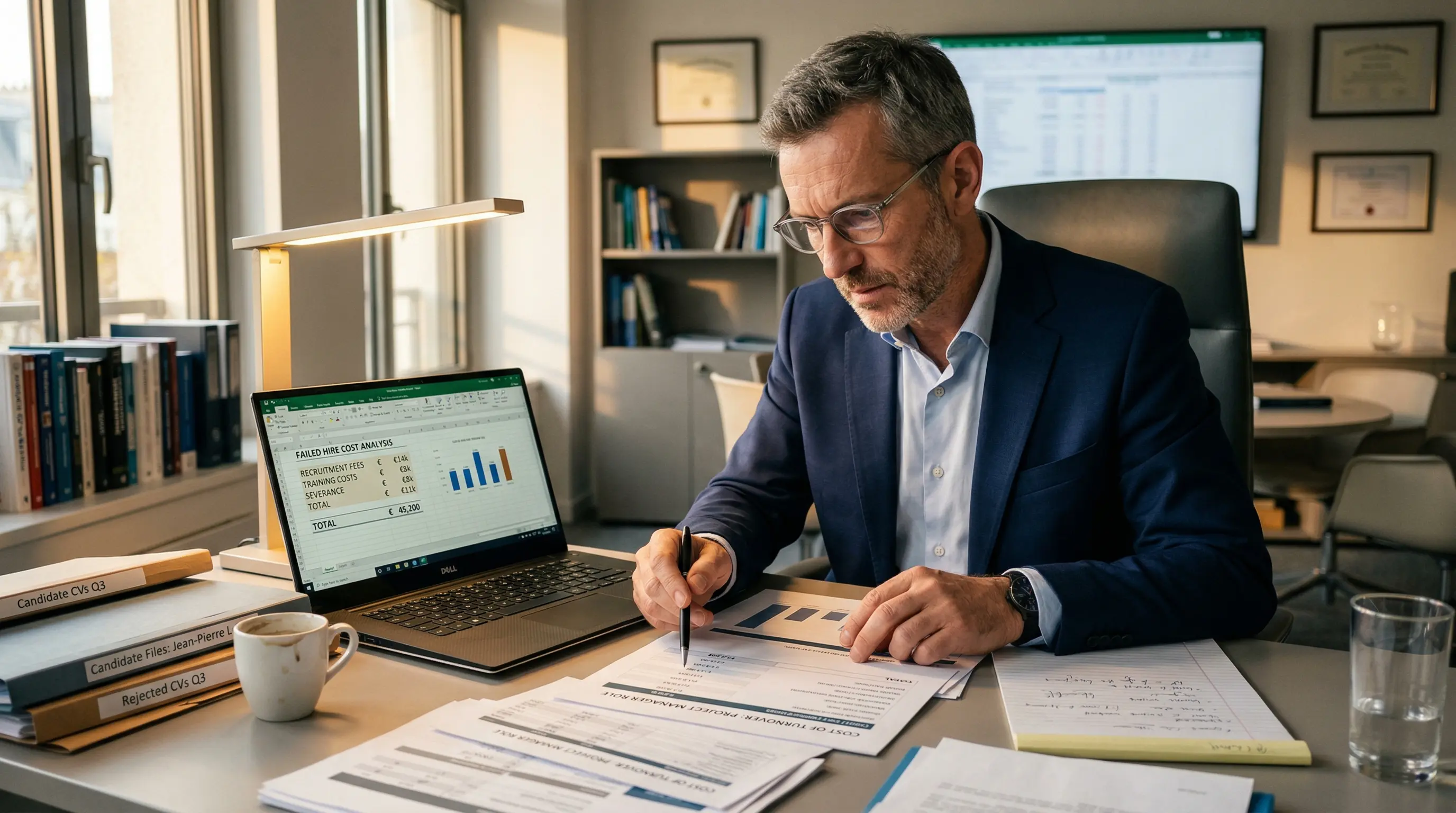 DRH analysant les couts d'un recrutement sur un tableau de bord avec des graphiques financiers et des fiches de candidats