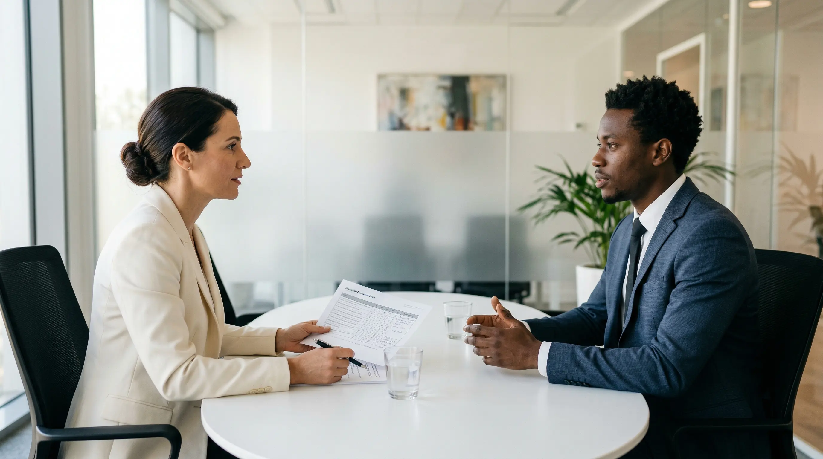 Recruteur et candidat en entretien comportemental, avec des notes et une grille d'evaluation sur le bureau