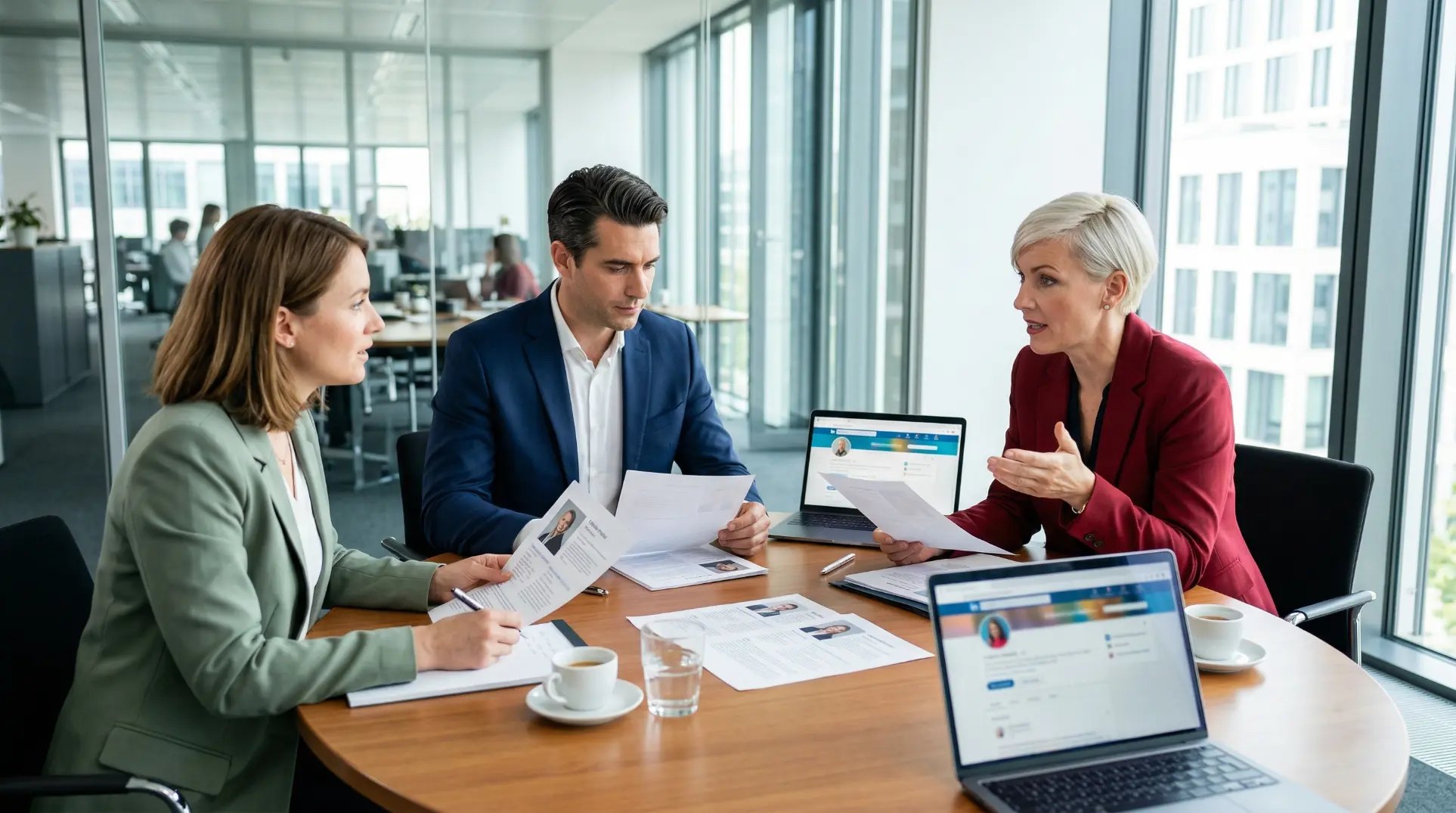 Equipe RH evaluant des profils de candidats cadres autour d'une table de reunion dans une PME moderne