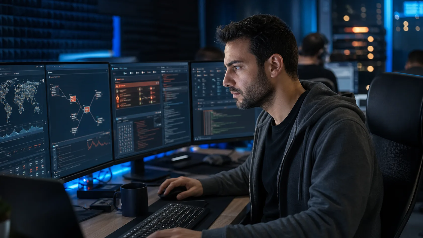 Analyste cybersecurite dans un Security Operations Center avec plusieurs ecrans de monitoring reseau