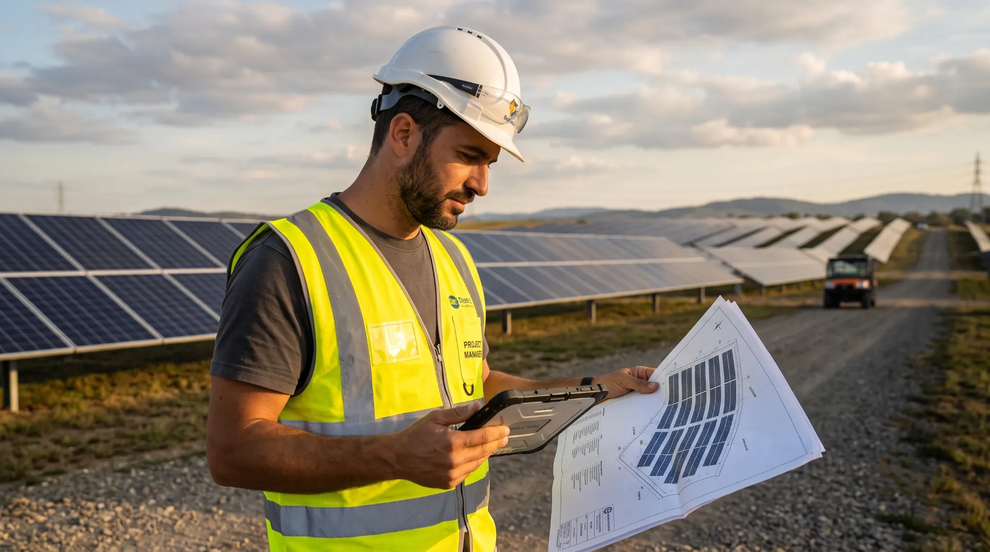 Ingenieur en combinaison de securite sur un chantier de parc solaire avec panneaux photovoltaiques en arriere-plan