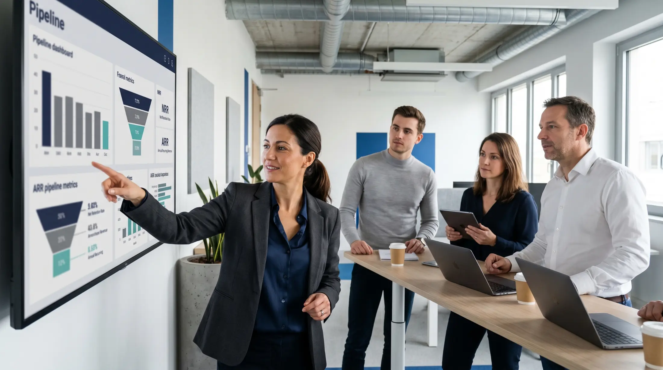 Equipe commerciale d'un SaaS B2B francais en point sprint devant un tableau de KPIs affichant ARR et NRR
