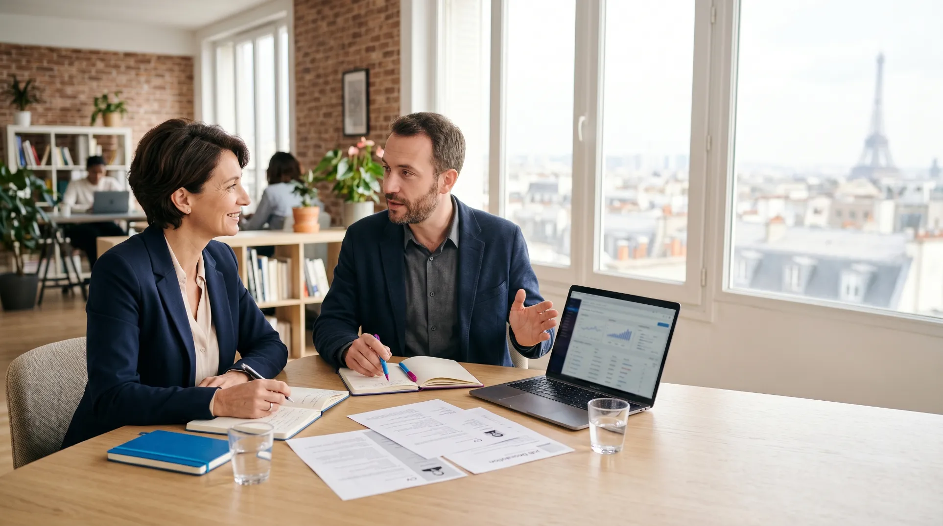 Dirigeant de PME en réunion avec un recruteur indépendant autour d’un brief de recrutement posé sur une table dans un bureau moderne